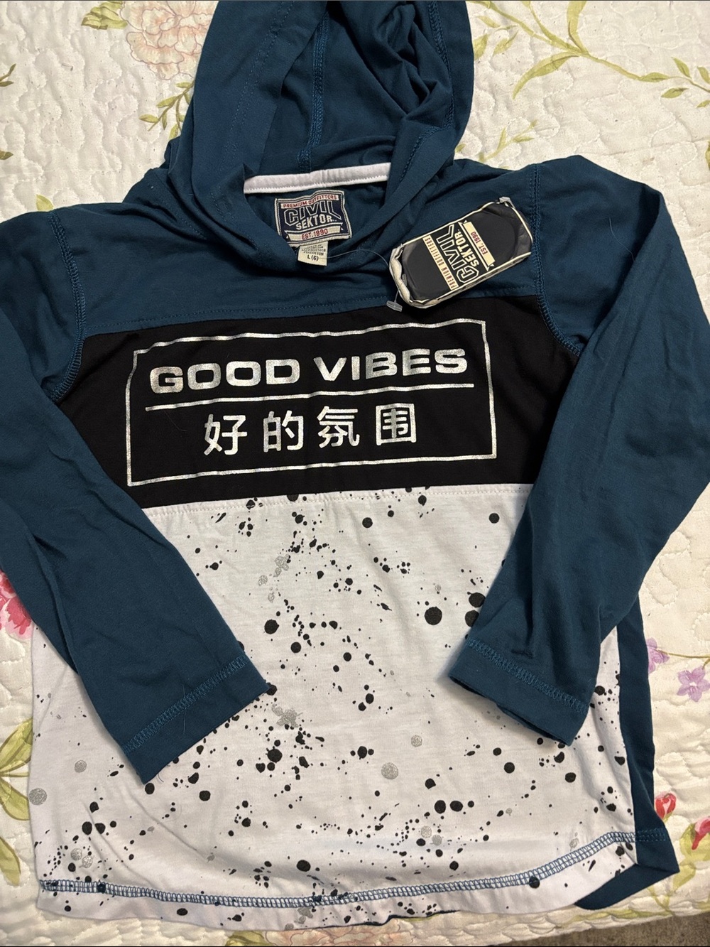 Civil Sector Kids 'Good Vibes' Teal & White Hooded Long-Sleeve Tee